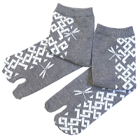 お祭り！和柄足袋ソックス！クルー丈！格子柄にとんぼ（グレー）